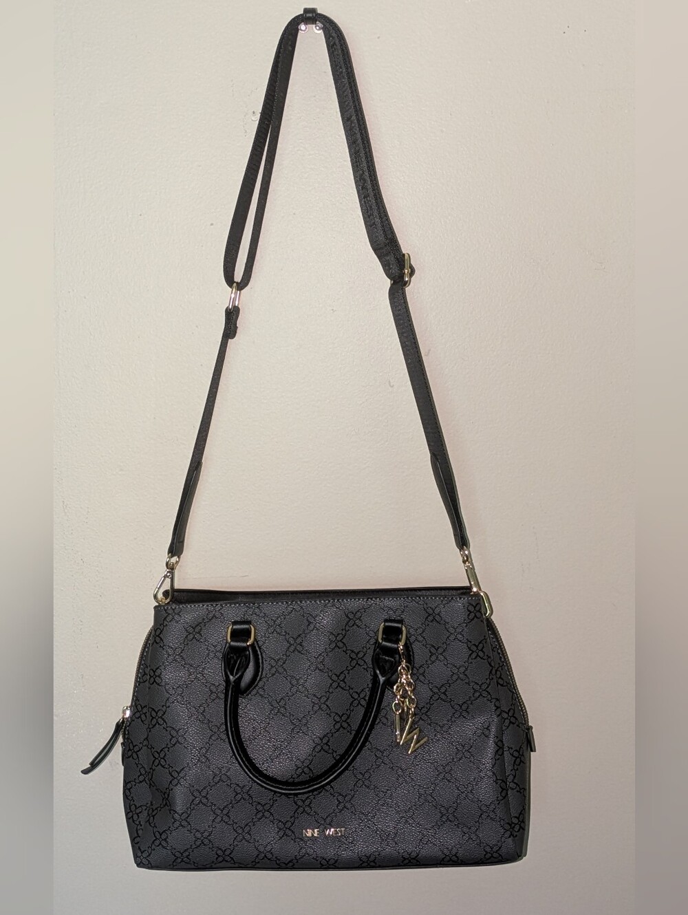 Nine West Black Patterned Satchel with Detachable Strap